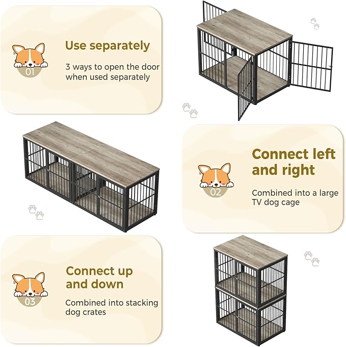 43'' Stackable Dog Crate Furniture Large Breed with Double Rooms,Wooden Dog Crate Heavy Duty Dog Kennel Indoor with Removable Divider for Small to Medium Dogs, Can Use Separately