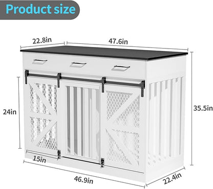 48'' Large Dog Crate Furniture with Divider and 3 Drawers, Wooden Double Dog Cage TV Stand with 2 Sliding Barn Doors, Extra Large Dog Cage Table, Sturdy Dog Kennel Indoor(White)