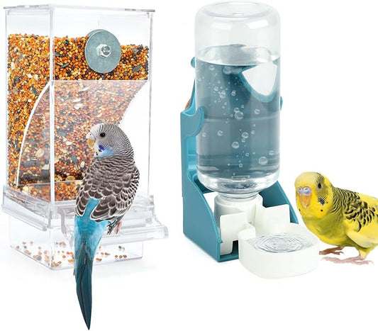 Rypet No Mess Bird Water Feeder Dispenser Set Automatic Bird Feeder Transparent Food Container Cage Acrylic Parrot Feeders Accessories for Small Birds Parrot Cockatoo Canary
