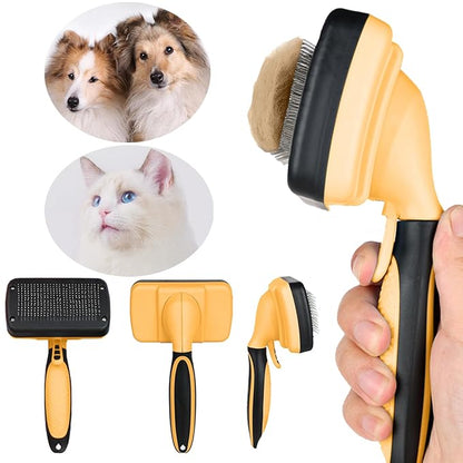 Self cleaning slicker brush for dogs and cats, skin-friendly grooming cat brush, easy-to-clean dog hair brush, depilatory brush, hair brush puppy brush, pet cleaning accessories (Yellow)