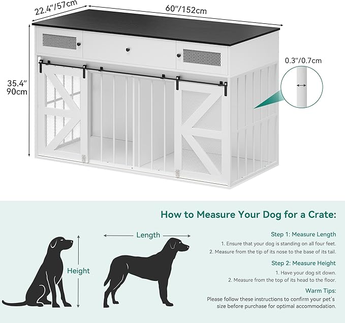 YITAHOME 60" Wooden Dog Crate Furniture with Removable Divider, Large Dog Kennel with Drawers, Double Doors & Locks Design, Dog Crate Furniture TV Stand for Medium Large Dogs