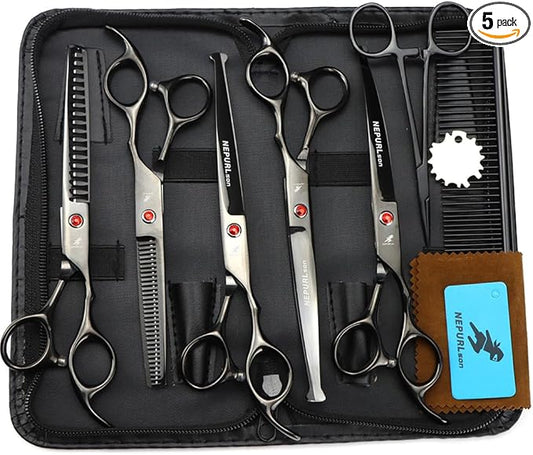7.0" Dog Scissors Pet Grooming Kit Round-tip Safety Scissors Fishbone Teeth Shears with Forceps Hairdressing Hair Styling Tool Gift Set 5 Pieces (Black)