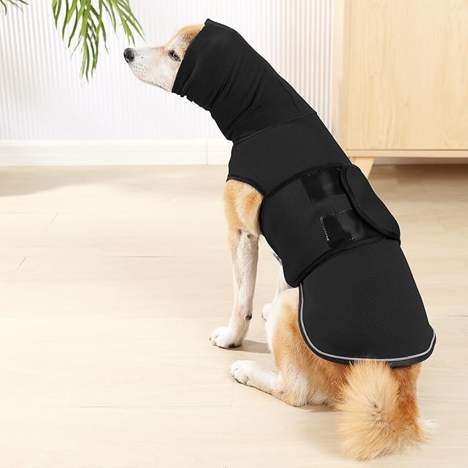 ROZKITCH Dog Anxiety Shirt with Ear Cover, Reflective Calming Vest for Storms & Separation, Breathable Dog Hoodie for Anxiety Relief Black 2XL