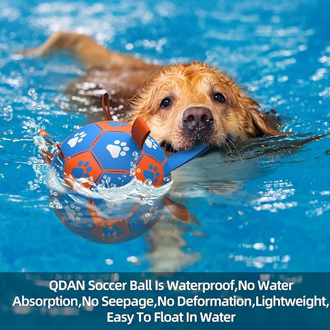 QDAN Dog Ropes Toys Soccer Ball with Straps, Interactive Dog Toys for Tug of War, Puppy Birthday Gifts, Dog Tug Toy, Dog Water Toy, Durable Dog Balls for Medium & Large Dogs- Blue&Orange(8 Inch)