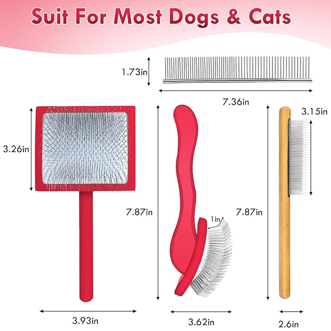 Dog Slicker Brush for Medium or Long Haired Dogs, Removes Loose Hair, Tangles and Knots, Best Grooming Brush for Small Animals, Free Pet Comb, Red