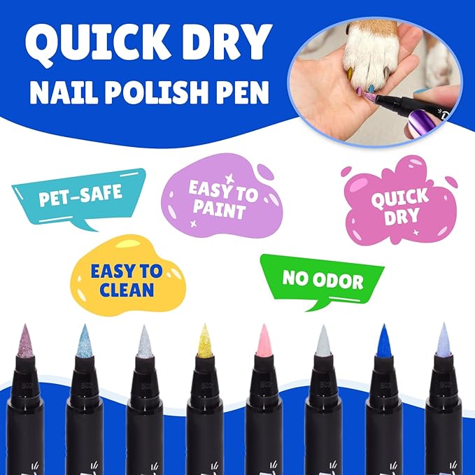 8 Metallic & Matte Colors Dog Nail Polish Pens Quick Dry with Dog Nail File, Non Toxic Glitter Dog Safe Nail Polish, Easy to Apply Pet Safe Accessories for Small and Large Puppies