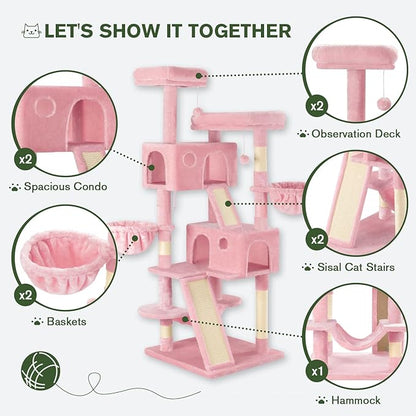 MUTICOR 66 Inches Multi-Level Large Cat Tree Tower for Indoor Big Feline/Cozy Plush Perches/Condo/Sisal Scratching Posts/Hammock and Baskets/Activity Center Play House/Wide Base/Pink