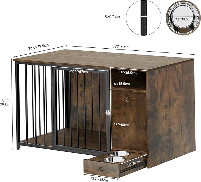 YITAHOME Dog Crate Furniture with Feeder Bowls, 55" Large Breed Dog Kennel with Storage Drawer, Heavy Duty Dog House TV Stand Indoor for Medium Dogs, Brown