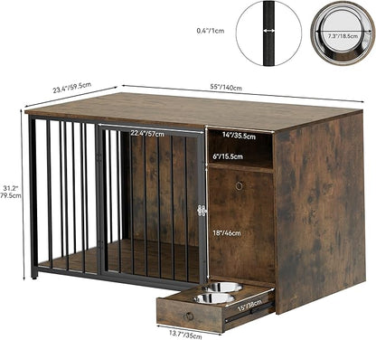 YITAHOME Dog Crate Furniture with Feeder Bowls, 55" Large Breed Dog Kennel with Storage Drawer, Heavy Duty Dog House TV Stand Indoor for Medium Dogs, Brown