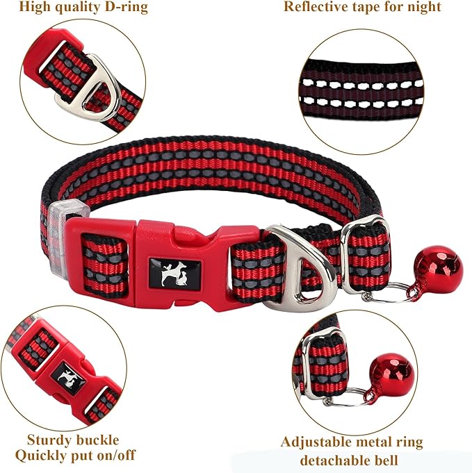 Adjustable Puppy Collar with Bell - Reflective Nylon Dog Collar for Small Breeds, Chihuahua Pomeranian, Nighttime Safety, Gift for Dog Lovers (Red, XS)
