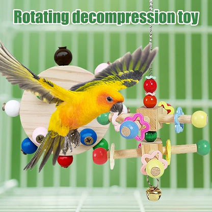 Bird Spinner Toys for Parrots with Bells,Natural Wood Parakeet Toys for Cage,Bird Cage Accessories Chewing Hanging for Small and Medium Birds,Cockatiel,Conure,Lovebird,Budgie,Quaker（2pcs）
