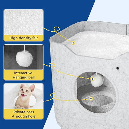 Cat House for Indoor Cats Large Cat Bed Cave 2-Storey Cats Condo with Cozy Felt Covered Hideaway for Multiple Pets Light Grey