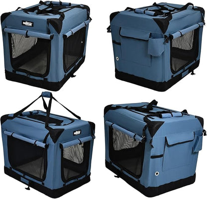 EliteField 4-Door Folding Soft Dog Crate with Curtains, Carrying Bag and Fleece Bed (2 Year Warranty), Indoor & Outdoor Pet Home (30" L x 21" W x 24" H, Blue Gray+4 Door Curtains)