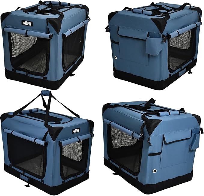 EliteField 4-Door Folding Soft Dog Crate with Curtains, Carrying Bag and Fleece Bed (2 Year Warranty), Indoor & Outdoor Pet Home (24" L x 18" W x 21" H, Blue Gray+4 Door Curtains)