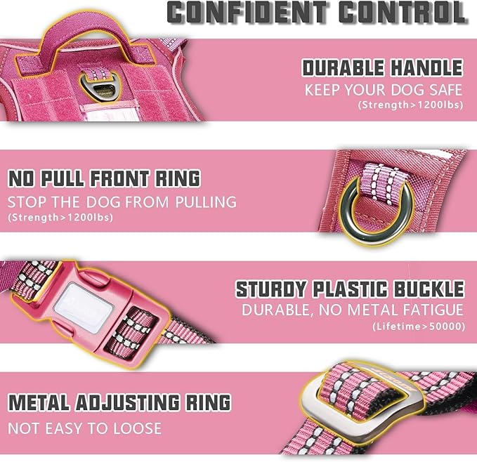 Auroth Tactical Dog Harness for Large Dogs No Pull Adjustable Pet Harness Reflective K9 Working Training Easy Control Pet Vest Military Service Dog Harnesses Rose Red L