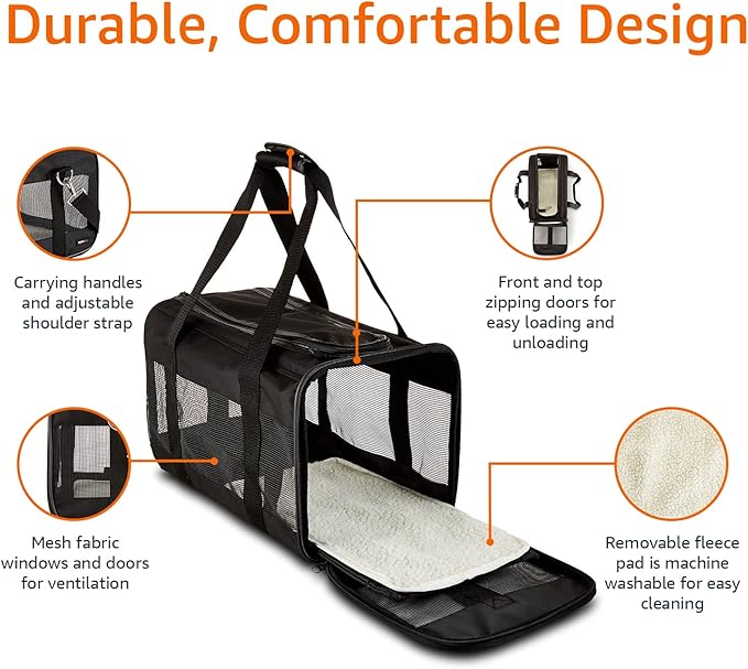 Amazon Basics Soft-Sided Mesh Pet Travel Carrier for Dog, Cat, Medium, 16.5" L x 9.4" W x 9.8" H, Black