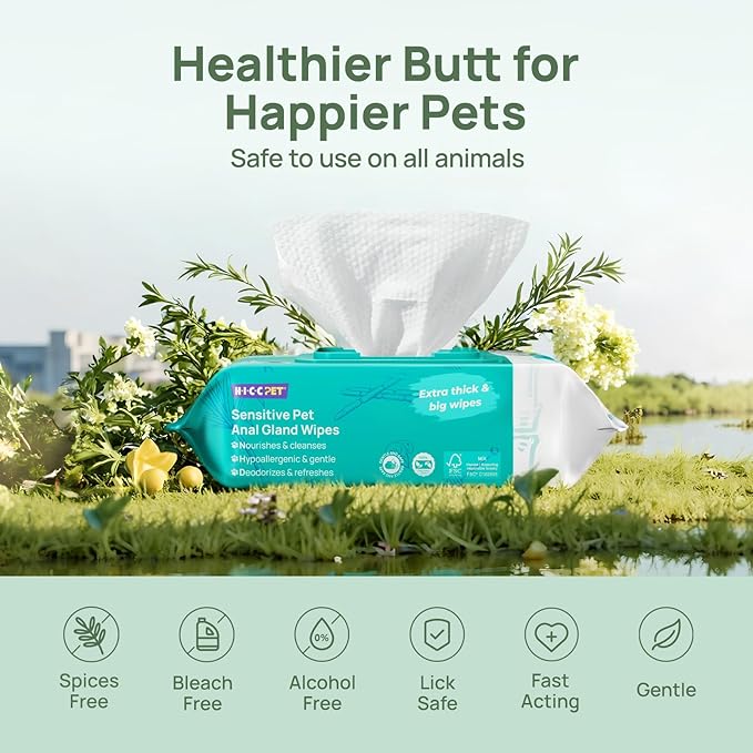 HICC PET Wipes for Dogs & Cats, Cleansing Deodorizing & Soothing Allergy Infections Anal Gland Pets Wipes with Coconut Oil - Dog Grooming Wipes for Butt and Paw - Hypoallergenic & Vet Recommended