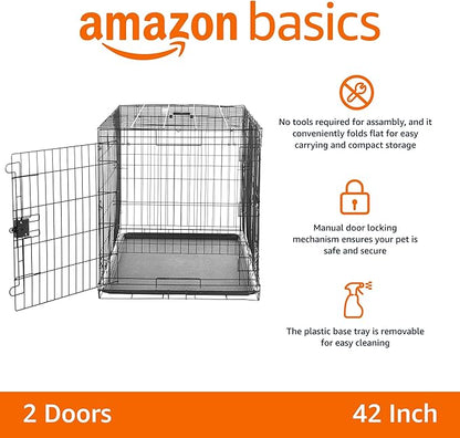 Amazon Basics Durable,Foldable Metal Wire Dog Crate with Tray, Double Door, 42 x 28 x 30 in, Black