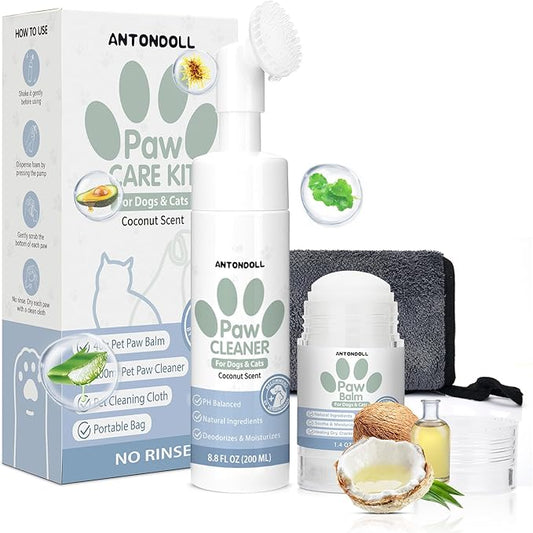 Dog Paw Care Kit - No-Rinse Foaming Paw Cleanser & Balm Stick for Small to Large Dogs & Cats
