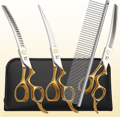 Dog Grooming Scissors,Curved Chunkers Shears Dog Grooming with Safety Round Tips, Sharp and Comfortable 4 in 1 Dog Scissors for Grooming