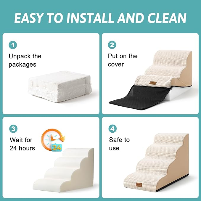 Dog Stairs for Small Dogs 11.8" H, Pet Step with Leakproof Cover, High Density Foam Cat Ramp for Chair or Sofa, Lightweight, Durable, Comfort, 15.7x19.7x11.8 inch, 2 Tiers, Beige