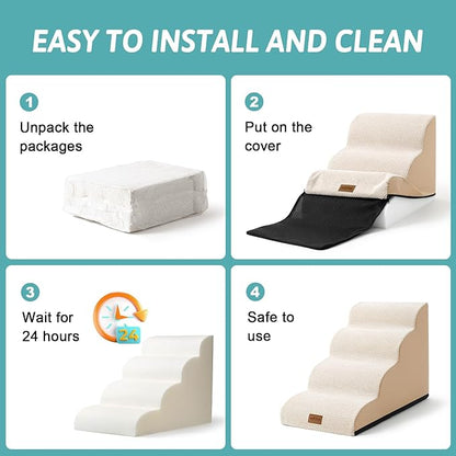 Dog Stairs for Small Dogs 19.7" H, Pet Step with Leakproof Cover, High Density Foam Cat Ramp for Bed, Couch or Sofa, Lightweight, Durable, Comfort, 15.7x28.3x19.7 inch, 4 Tiers, Beige