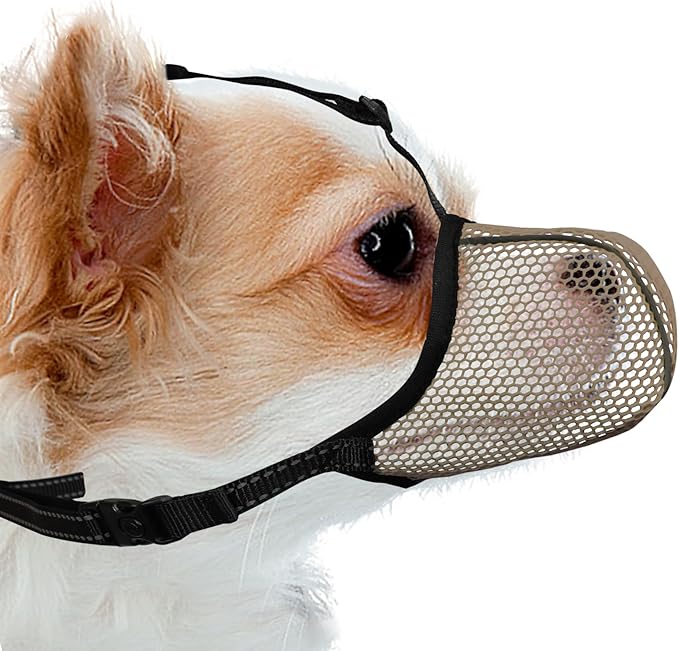 Dog Muzzle, Breathable Soft Muzzle for Extra Small Dogs to Anti & Prevent Barking Biting Chewing, Reflective & Adjustable Basket Muzzle with Air Mesh for Dachshund Brown XS