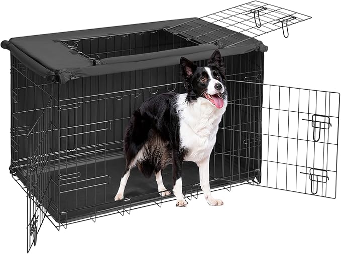 Veehoo 30 inch Dog Crate for Medium Dogs with Three Doors & Cover-Metal Wire Dog Cage Kennels & Houses for Puppy&Cat, Indoor Outdoor Collapsible Metal Contour Dog Crate Kennels Kit with Removable Tray