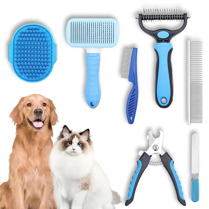 Dog Grooming Kit, Includes 7PCS Deshedding Brush, Pin Brush, Flea Comb, Metal Comb, Bath Brush, Nail Clipper and File, for Small, Medium and Large Dogs (Blue)