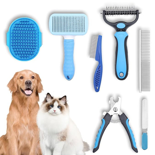 Dog Grooming Kit, Includes 7PCS Deshedding Brush, Pin Brush, Flea Comb, Metal Comb, Bath Brush, Nail Clipper and File, for Small, Medium and Large Dogs (Blue)