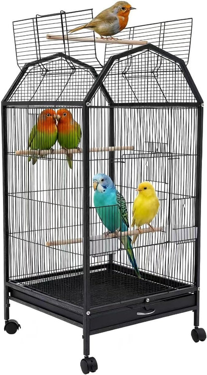 39.9'' Iron Parakeet Bird Cage, Pet Bird Flight Cages with Rolling Stand for Conures Lovebirds Cockatiels Finches Parrot Pet House, Small to Medium Birds