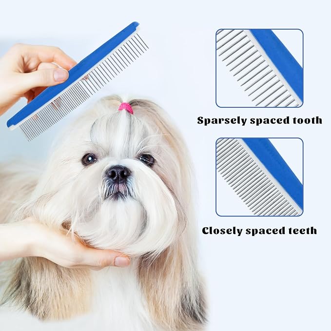 2Pcs Dog Grooming Comb, Durable and Non-Slip Metal Comb for Dogs, Horse, Rabbit, Cat, Metal Pet Comb for Cats with Rounded Tips for Bath, Pet Hair Remover, Removes Tear Stain, Tangles, and