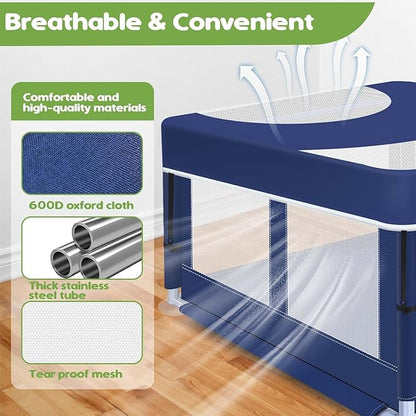 Dog Playpen with Cover, 42x42x25.6 Inches Foldable Portable Soft Puppy Playpen with Gate, Thickened Fabric Mesh Dog Fence with High-Strength Nylon Wire Mesh, Indoor Outdoor Breathable Exercise Cage