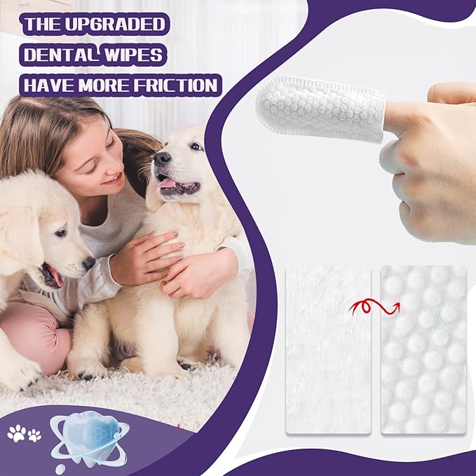 55 Counts Dogs & Cats Dental Care Wipes - Dog Teeth Cleaning Finger Wipes - Dog Tooth Brushing Kit Dental Wipes - Remove Bad Breath by Removing Plaque and Tartar Buildup & Freshens Breath