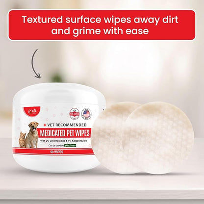 Amate Medicated Dog Wipes for Ear Skin & Coat - Pet Wipes for Dogs & Cats - 2.5 Small Wipes - Relieve Skin Issues, Hot Spots & Irritation - Pack of 50