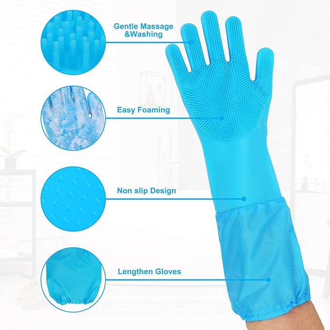 6PCS Pet Grooming Set - Lengthen Dog Washing Gloves, Dog Bath Brush, Dog Toothbrush Finger, Dog Shampoo Brush, Silicone Pet Bathing Gloves for Gentle Cleaning, Massaging, Shedding (Blue Grooming Set)