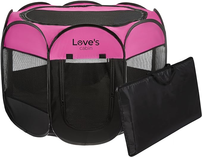 Love's cabin Pet Puppy Dog Playpen, Large Dog Tent Crates Cage Indoor/Outdoor, Portable Playpen for Cat, Foldable Pop Up Dog Kennel Playpen with Carring Case, Removable Zipper Top, Pink