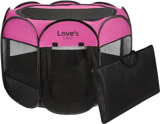 Love's cabin Pet Puppy Dog Playpen, Large Dog Tent Crates Cage Indoor/Outdoor, Portable Playpen for Cat, Foldable Pop Up Dog Kennel Playpen with Carring Case, Removable Zipper Top, Pink