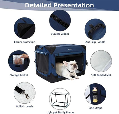 Pettycare 30 Inch Collapsible Dog Crate with Curtains Travel Dog Crate for Airflow and Calm Soft Pet Kennel with Portable Bag and More Chew Proof Mesh Indoor & Outdoor Navy Blue 4 Door Curtains