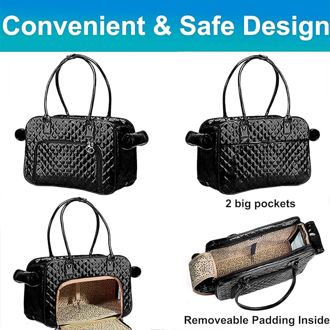 Fashion Dog Purse Carrier for Small Dogs with 2 Extra Pockets, Holds Up to 8lbs Quality PU Leather Pet Carrier, Cat Carrier, Airline Approved Puppy Purse Carrier for Travel (Black, Small Size)