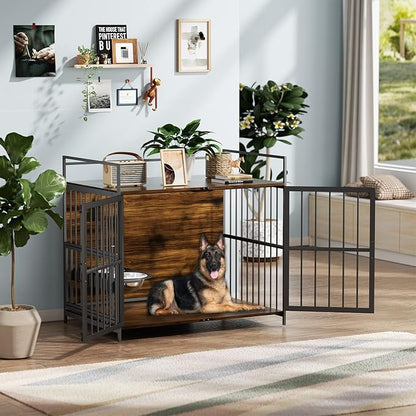 ROOMTEC Dog Crate Furniture-Style Cages for Large Dogs Indoor Heavy Duty Super Sturdy Dog Kennels with 2 Stainless Steel Bowls (48Inch = Int.dims: 46" W x 29" D x 35.5" H)