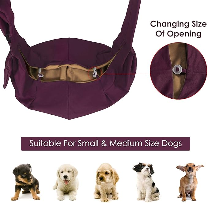Dog Padded Papoose Sling, Small Pet Sling Carrier Hands Free Carry Adjustable Shoulder Strap Reversible Tote Bag with a Pocket Safety Belt Dog Cat Traveling Subway (5-12lbs, Burgundy)