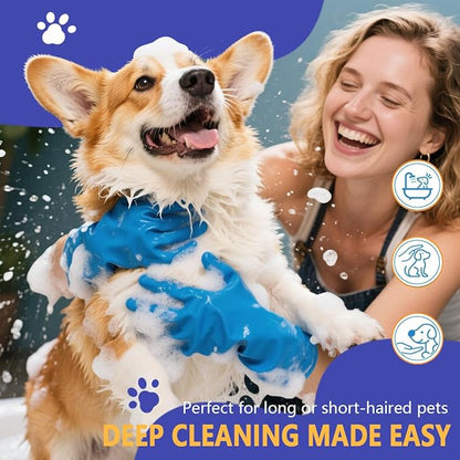 7-in-1 Pet Grooming Kit Dog Washing Gloves and Bath Brush Cat Shampoo Brush & Dog Toothbrush with Silicone Massage Bristles & Bubbler (Blue)