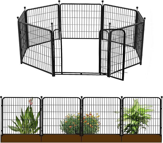 24 in(H) Decorative Garden Fences with Gate, 8 Panels Total 15.7 ft(L) Heavy Duty Iron Animal Barrier Fence for Yard,Suitable for Indoor Pet Fence Or Outdoor Dog Fencing, Garden Border Fence