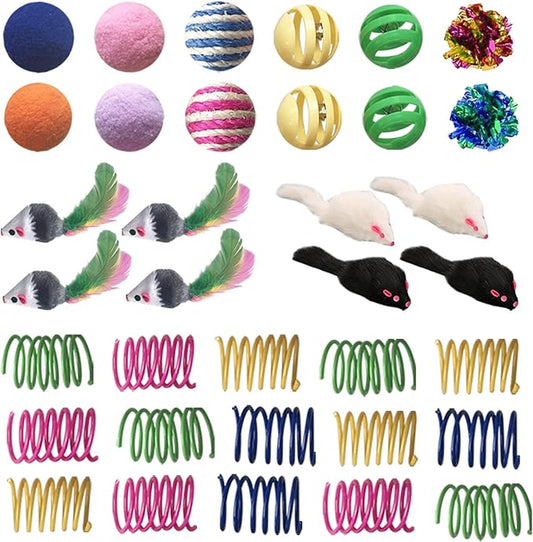 AGYM Cat Toys for Indoor Cats, 35 Packs Interactive Cat Toys Set with Colorful Springs, Mouse Cat Toy, Crinkle, Sisal, Pompom and Color Bell Balls for Kittens