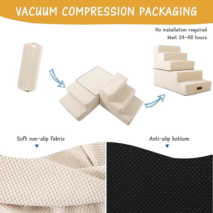 5-Step Dog Stairs to Bed, Dog Steps for High Beds and Couch, Non-Slip Pet Stairs for Small Dogs and Cats,Dog Bed Stairs, Beige, 3/4/5 Steps