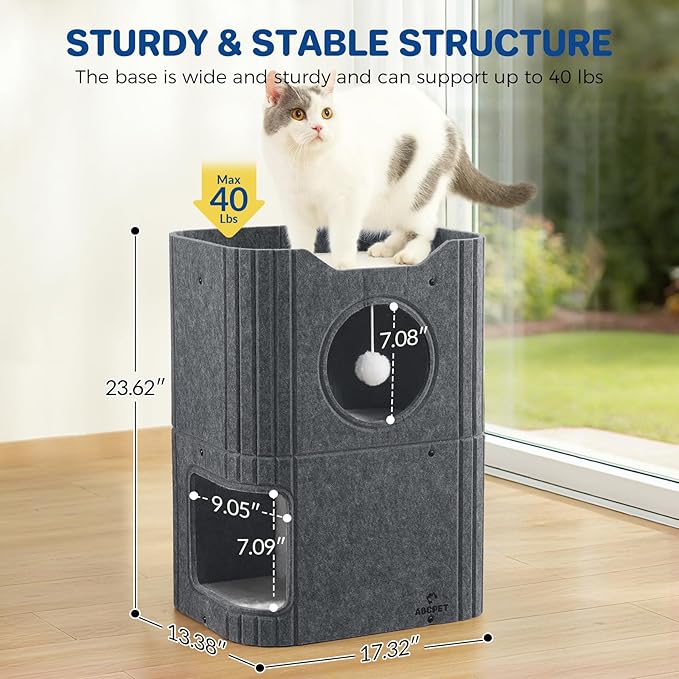 Cat House for Indoor Cats Large Cat Bed Cave 2-Storey Cats Condo with Cozy Felt Covered Hideaway for Multiple Pets Dark Grey