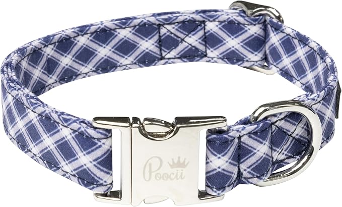 Durable Cotton Blend Dog Collar, Cute & Stylish, Adjustable with Metal Locking Clasp, Made in USA (Blue Plaid, X-Small)
