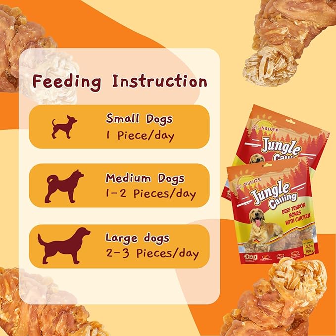 Jungle Calling Beef Tendons for Dogs, Chicken Wrapped Tendons Dog Chews Long Lasting Hip and Joint Supplement for Dogs with Glucosamine (Knotted Bone)