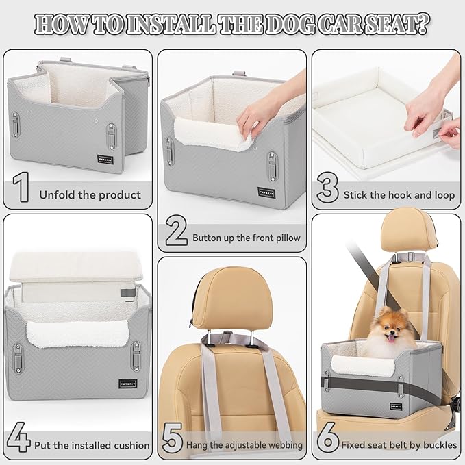 PETSFIT Dog Booster Seat, Portable Dog Car Seats for Small Dogs with Clip-On Leash, Patented Safe Buckles, Dog Booster Car Seat Suitable for Small Pets Up to 25lbs (Light Grey)